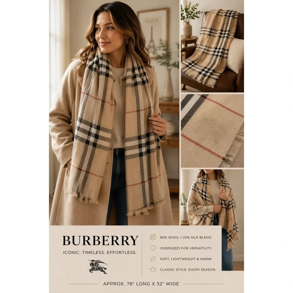 Burberry Nova Check Oversized Wool Silk Scarf Shawl 80% Wool 20% Silk Italy